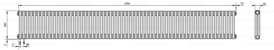 Схема (чертеж) Радиатор Zehnder Charleston 2056/60 №3370 Белый глянцевый RAL 9016